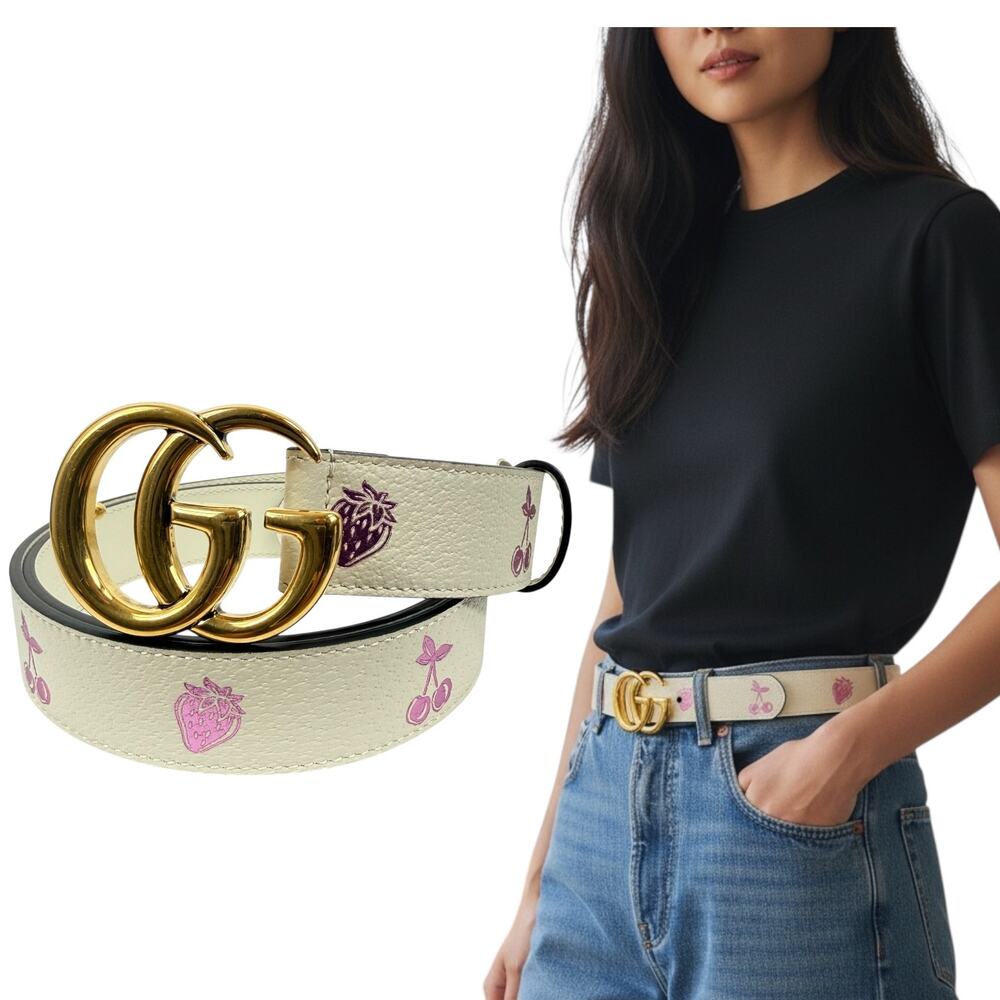Gucci Cream Leather Belt with Pink Fruit Motif and Gold Double G Buckle